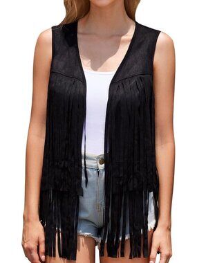 Women's Black Faux Suede Fringe Stylish Vest Cowgirl Western Tassel Vests Jacket